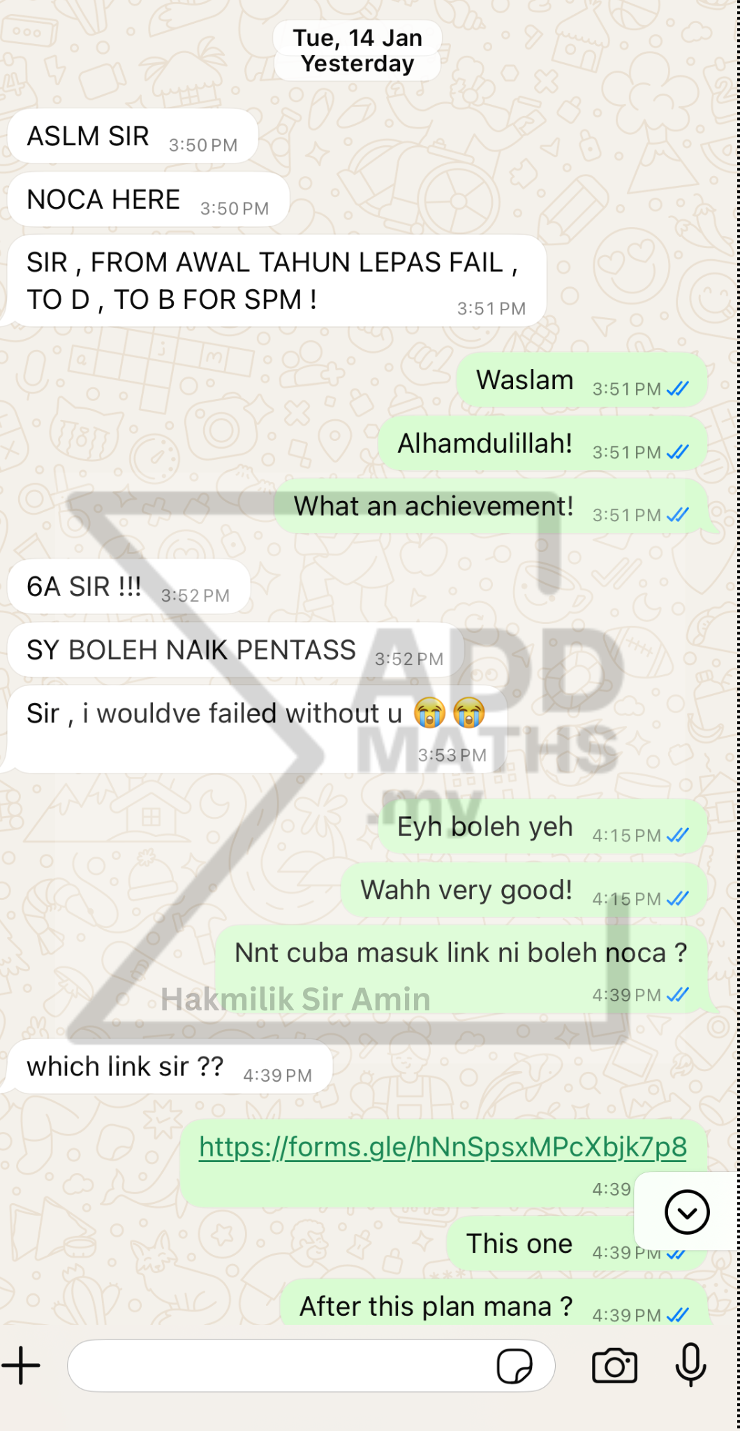 Student testimonial for Sir Amin online Math tutoring
